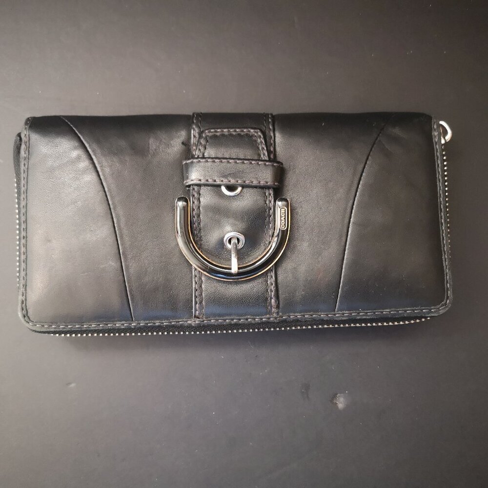 Coach Vintage Black Leather Buckle Zip Around Accordion Wallet Made in India